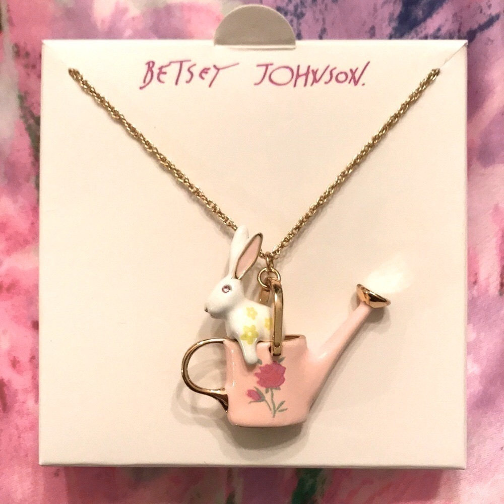 Brand New Betsey Johnson Watering Can Bunny Slider Long Pendant Necklace Easter - Picture 2 of 10